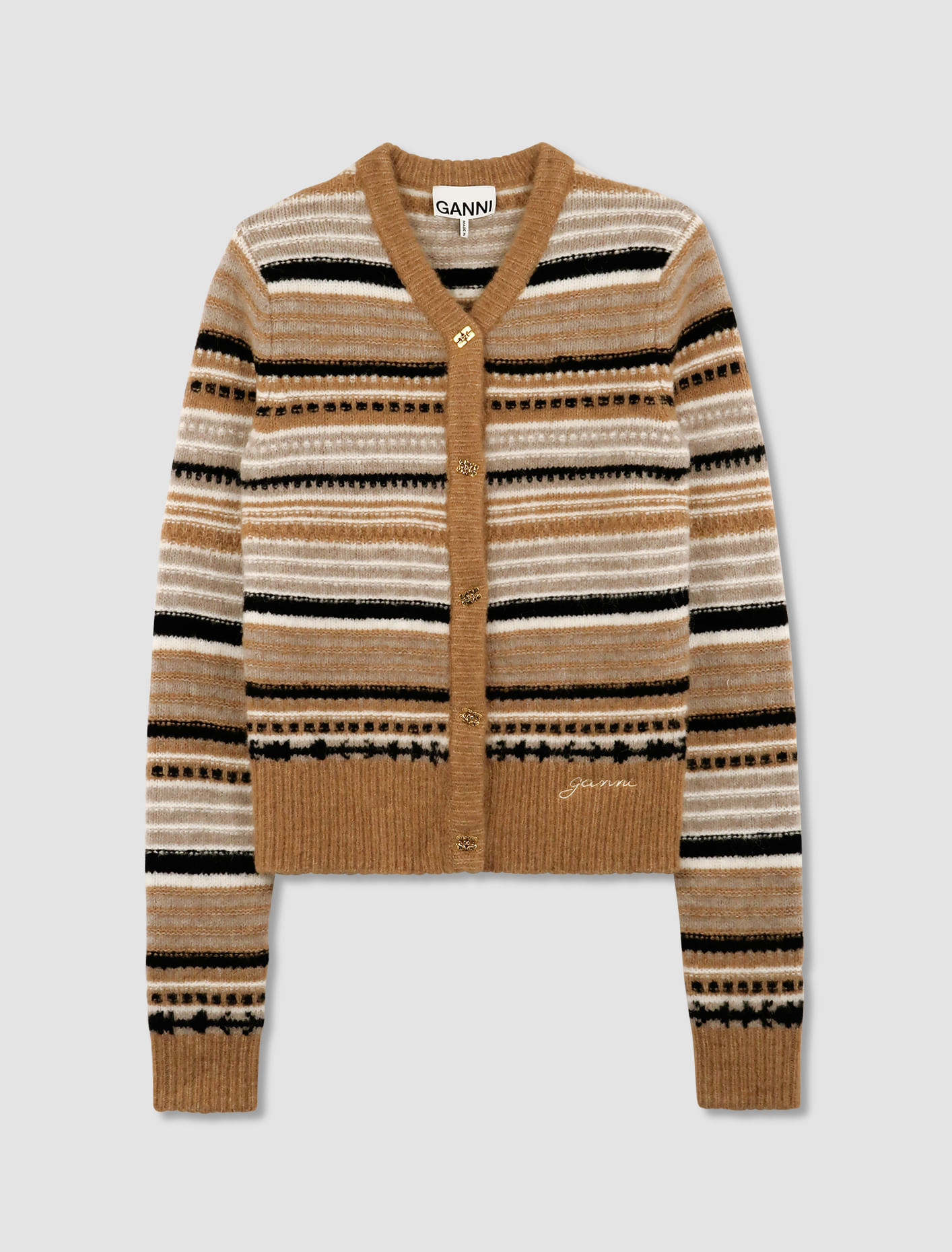 Shop Ganni Cardigan Soft Wool Stripe In Tiger's Eye