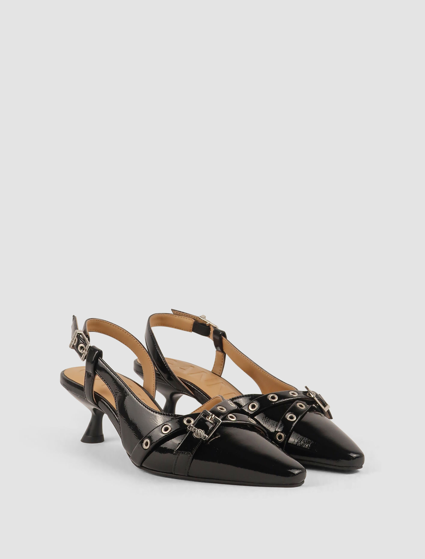 Shop Ganni Pump Eyelets Open Kitten Naplackin In Nero