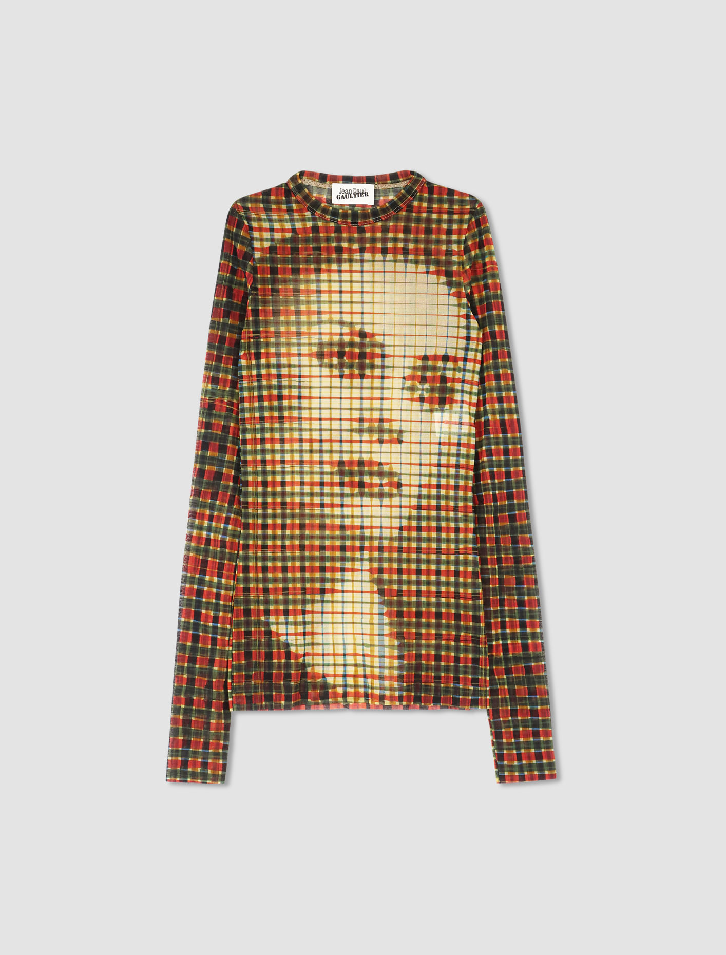 Shop Jean Paul Gaultier Tartan Face Print Mesh Top In Sepia,yellow,blue,red