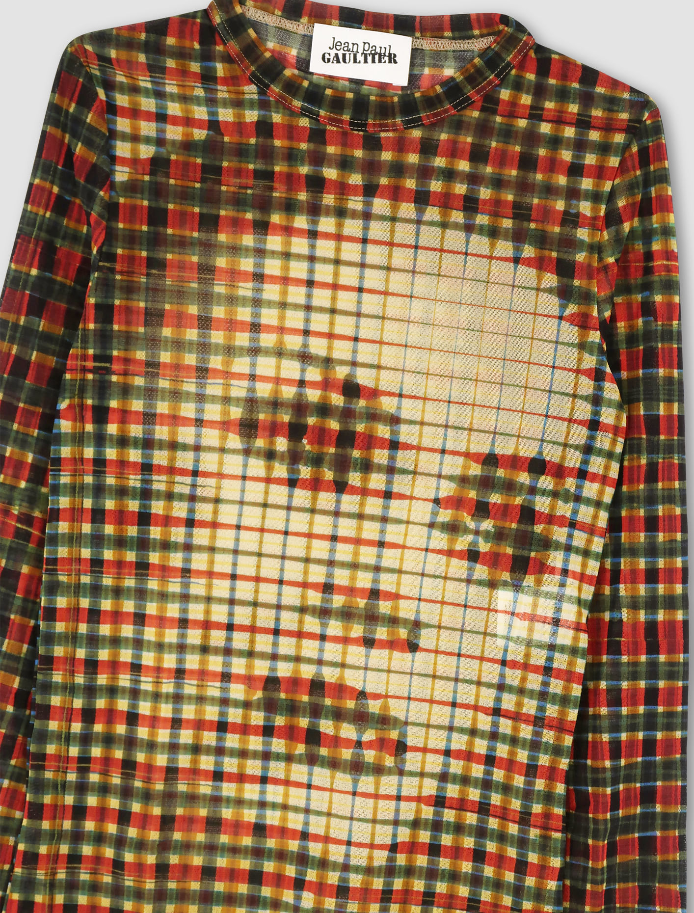 Shop Jean Paul Gaultier Tartan Face Print Mesh Top In Sepia,yellow,blue,red